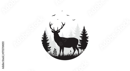 Silhouette of a majestic stag within a circular forest design