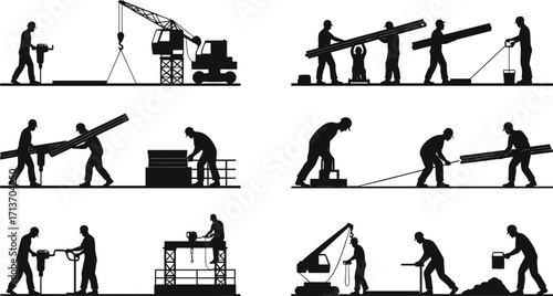 Silhouette Construction Workers Operating Cranes, Jackhammers, and Lifting Materials in Industrial Site and Building Work Scene Vector Illustration