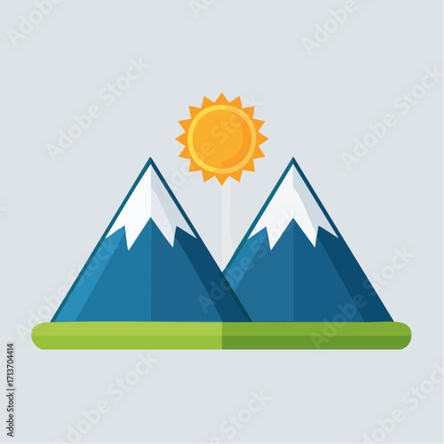 Flat illustration of two mountain peaks with snow, a shining sun, and green land.