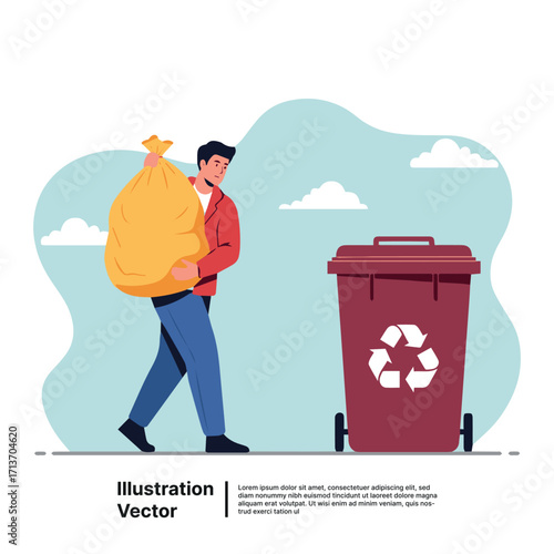 Man carrying full trash bag to recycling bin for waste management and environmental conservation