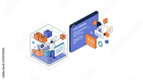 Advanced Developer in Isolated Virtual Container Environment Interacting with Live Server for Real-Time Coding and Deployment Testing,with white Transparent background