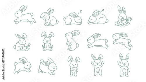 Bunny's Adventure: A collection of sketched bunnies engaged in various activities, from running to resting, illustrating the endearing spirit of nature's most charming creatures.