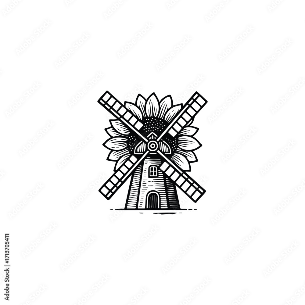 Fototapeta premium engraving style logo featuring a traditional European windmill with its blades overlaid on a large, detailed sunflower.