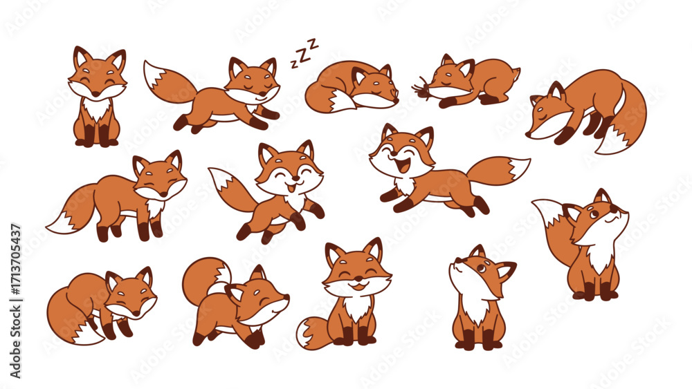 Fototapeta premium Whimsical Foxes: A captivating arrangement of charming cartoon foxes in various poses, perfect for illustrating a world of imaginative, playful scenes and storytelling. 