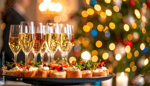 Festive Holiday Celebration: Champagne Flutes and Appetizers with Bokeh Christmas Tree