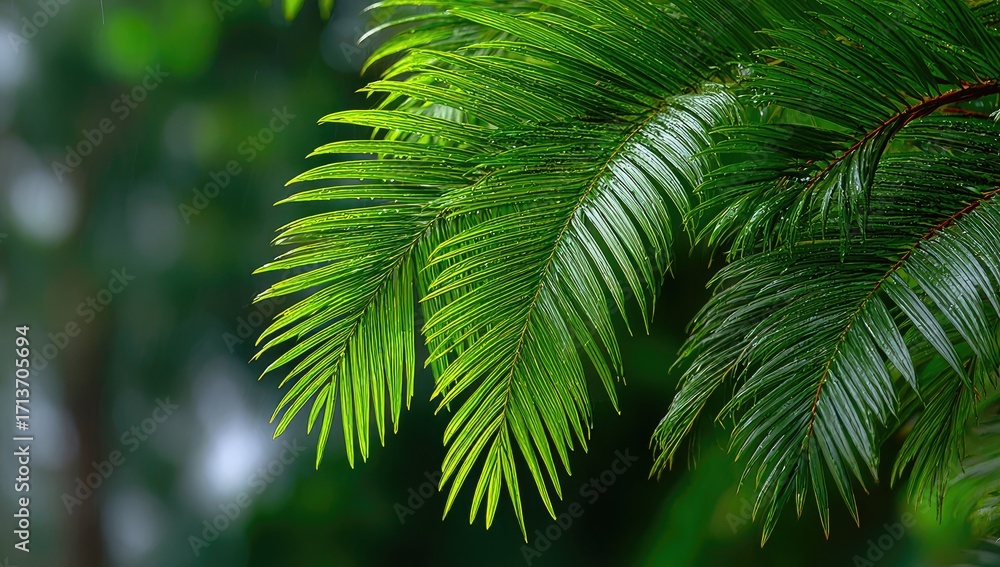 Fototapeta premium Lush, vibrant green palm fronds glistening with raindrops, set against a blurred, dark green backdrop