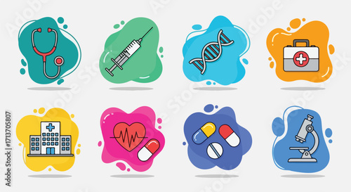 Vibrant collection of medical and healthcare icons in modern flat design style, illustrating essential elements of science, medicine, and wellness for digital and print applications