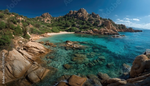 Picturesque coastal cove with vibrant turquoise water and rocky shoreline