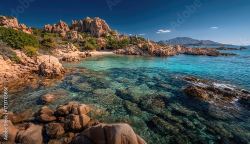 Sunny Mediterranean cove with clear turquoise water and rocky shoreline