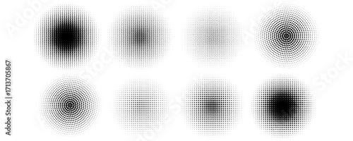 Halftone gradient circles collection. Dots textured round patterns. Cartoon comic radial faded background set. Abstract pixelated elements for frame, poster, collage, banner, flyer. Vector bundle