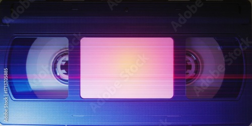 Retro vhs tape glowing with nostalgic pink and purple light reflecting on surfaces