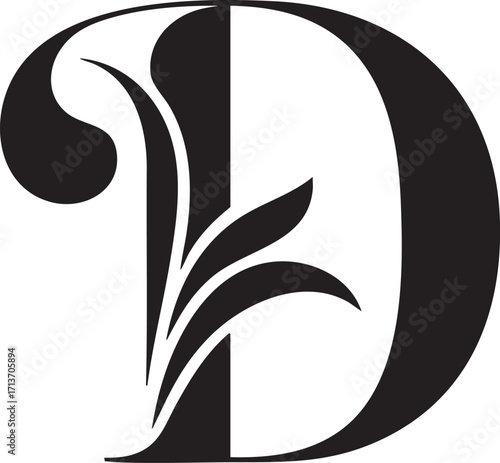 A Artistic stylized black letter Floral botanical alphabet "D" with floral design showcasing elegance and creativity in typography,  Letter with plants and flowers. Vector lettering isolated appearanc