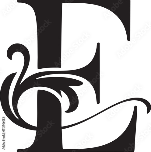 A Artistic stylized black letter Floral botanical alphabet "E" with floral design showcasing elegance and creativity in typography,  Letter with plants and flowers. Vector lettering isolated appearanc