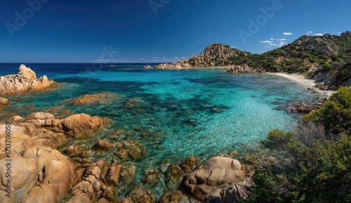 Azure bay with rocky shore, crystal clear water, and a sandy beach. Sunny day