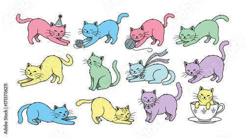  Playful Cat Collection: A vibrant, artistic collection of cartoon cats, each in a unique pose and color, brings a playful energy to the canvas. Capturing the essence of feline charm and whimsy