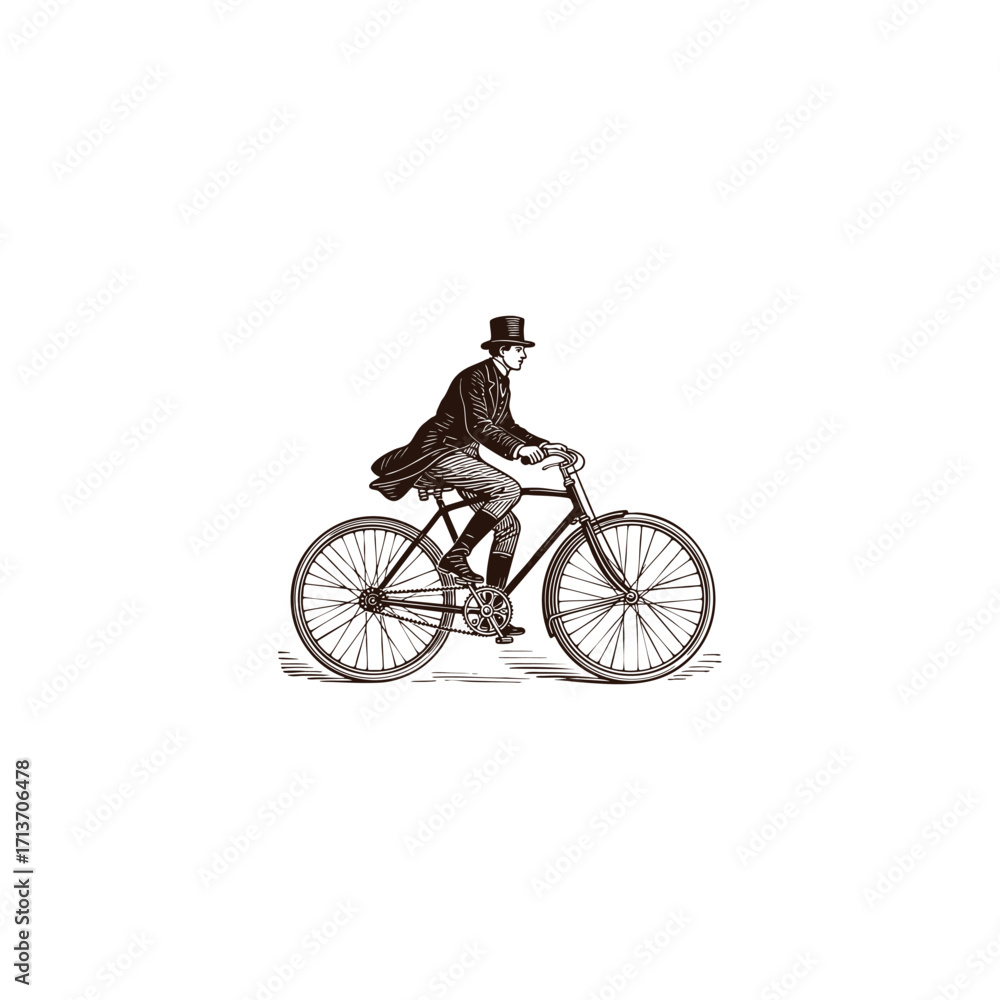 Obraz premium Classic vintage engraving style illustration featuring a well-dressed Victorian gentleman in a top hat and coat riding a bicycle