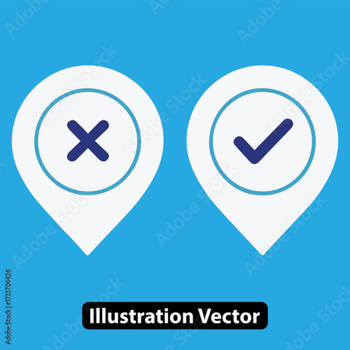 Yes and no location markers with check and cross symbols for correct or incorrect destinations