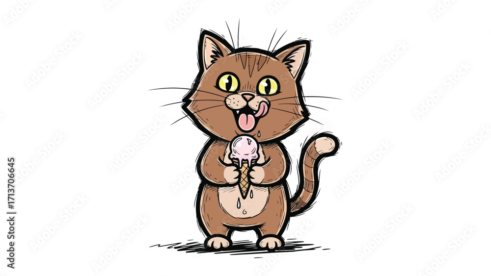 Obraz premium Cat's Cool Treat: A whimsical illustration depicts an adorable feline savouring the sweetness of ice cream, a delightful moment of pure joy and summer fun.