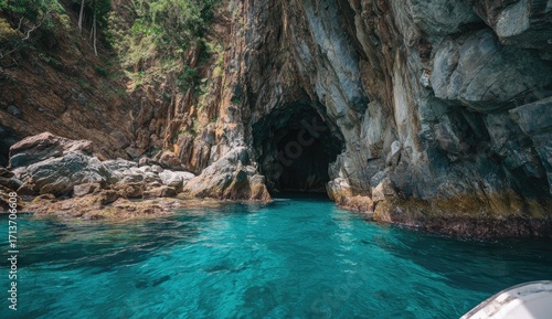 Turquoise water, a cave opening, and rocky shoreline
