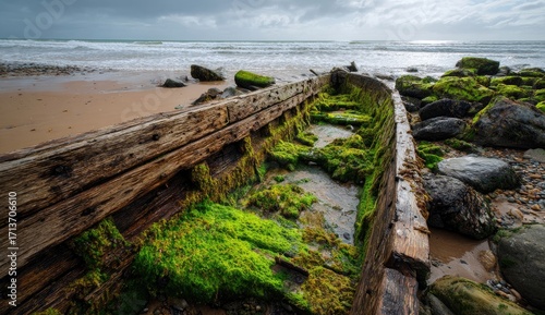 Weathered wooden boat wreck on a beach, overgrown with moss