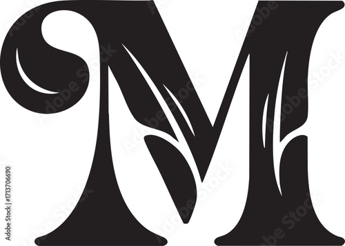 A Artistic stylized black letter Floral botanical alphabet "M" with floral design showcasing elegance and creativity in typography,  Letter with plants and flowers. Vector lettering isolated appearanc
