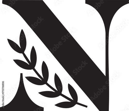 A Artistic stylized black letter Floral botanical alphabet "N" with floral design showcasing elegance and creativity in typography,  Letter with plants and flowers. Vector lettering isolated appearanc