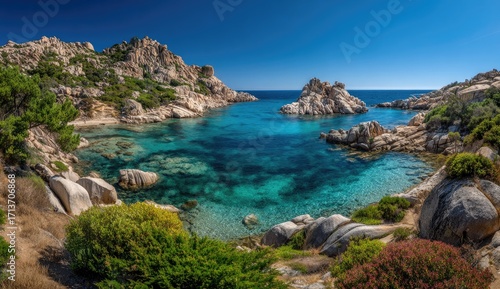 Coastal landscape with turquoise water and rocky terrain