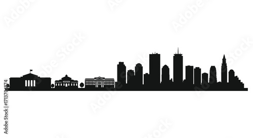 Silhouette of a city skyline against a plain white background