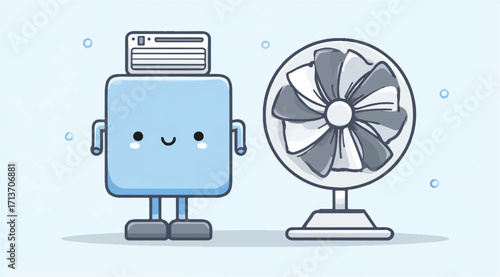 Adorable Air Conditioner Cartoon Character with a Happy Face Standing Beside a Cute Fan Illustration