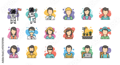 A diverse collection of character avatars representing various professions and occupations. Flat design vector icon set for web and mobile use