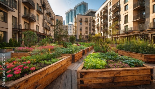 Urban courtyard garden with raised beds