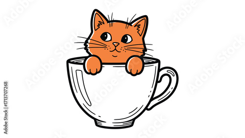 Cute Cat in Mug: An adorable ginger cat peers out of a oversized mug, showcasing a blend of cartoonish charm and heartwarming simplicity.