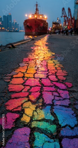 A vibrant, rainbow-hued cracked pavement path leading to a docked cargo ship at twilight, city skyline in the background