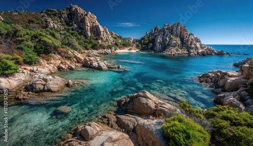 Sunny cove with turquoise water, rocky shoreline, and lush vegetation