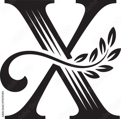 A Artistic stylized black letter Floral botanical alphabet "X" with floral design showcasing elegance and creativity in typography,  Letter with plants and flowers. Vector lettering isolated appearanc