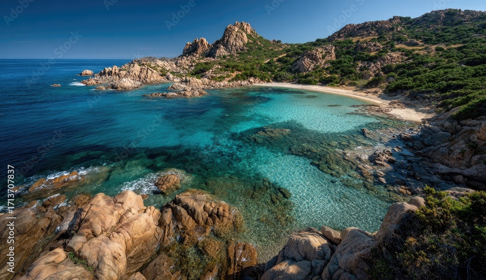 Fototapeta premium Coastal landscape, turquoise bay, rocky shoreline, sunny day