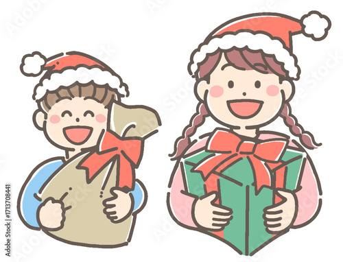 クリスマスプレゼントを持った子供たちのイラスト