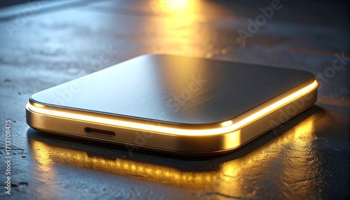 Sleek golden device with glowing edge on a reflective surface