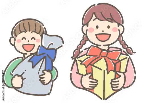 プレゼントを持った子供たちのイラスト