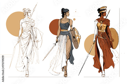 Athena goddess of wisdom and warfare greek mythology character concept art variations vector illustration