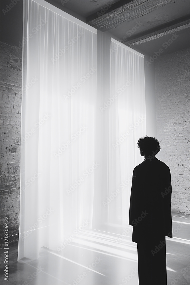 Fototapeta premium Silhouette of man with tall window drapes and soft light