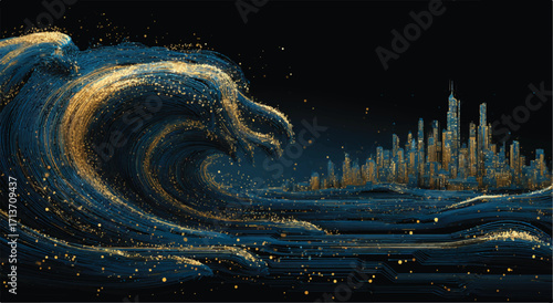 Abstract Cityscape and Golden Wave Illustration with Circuit Board Aesthetic in a Dark Background Artwork