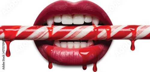 Closeup of vampire lips with red lipstick biting a candy cane with blood dripping, , a spooky and sweet treat