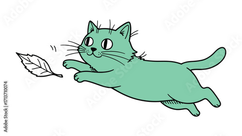 Playful Teal Cat Chasing a Leaf: A charming cartoon illustration of a teal cat in mid-air, happily pursuing a falling leaf, capturing the spirit of fun and carefree adventure.