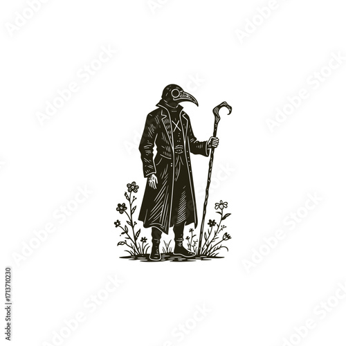 Gothic vintage engraving style illustration of a Plague Doctor in a long coat and traditional beak mask, standing with a cane among wildflowers.