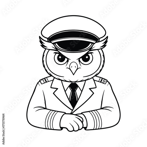 Cartoon Owl Pilot Illustration in Black and White Line Art Style Ready for Flight Design