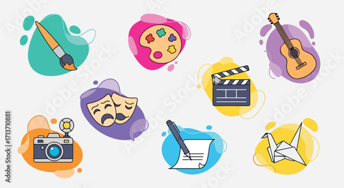 Vibrant collection of flat design icons representing diverse creative arts and hobbies, including painting, music, theatre, and film