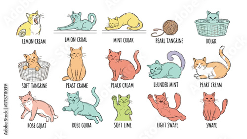 Whimsical Cat Collection: A delightful collection of adorable cats, each showcasing a unique personality and color palette, captures the playful spirit of feline charm.
