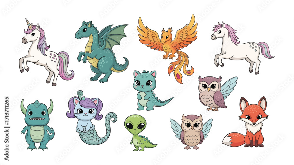 Naklejka premium Fantastic Beasts: A whimsical collection of enchanting creatures, including a majestic unicorn, a fire-breathing dragon, a mythical phoenix, and more. Each creature, full of intricate detail. 