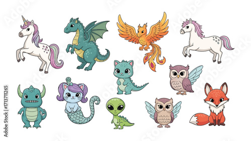 Fantastic Beasts: A whimsical collection of enchanting creatures, including a majestic unicorn, a fire-breathing dragon, a mythical phoenix, and more. Each creature, full of intricate detail.  